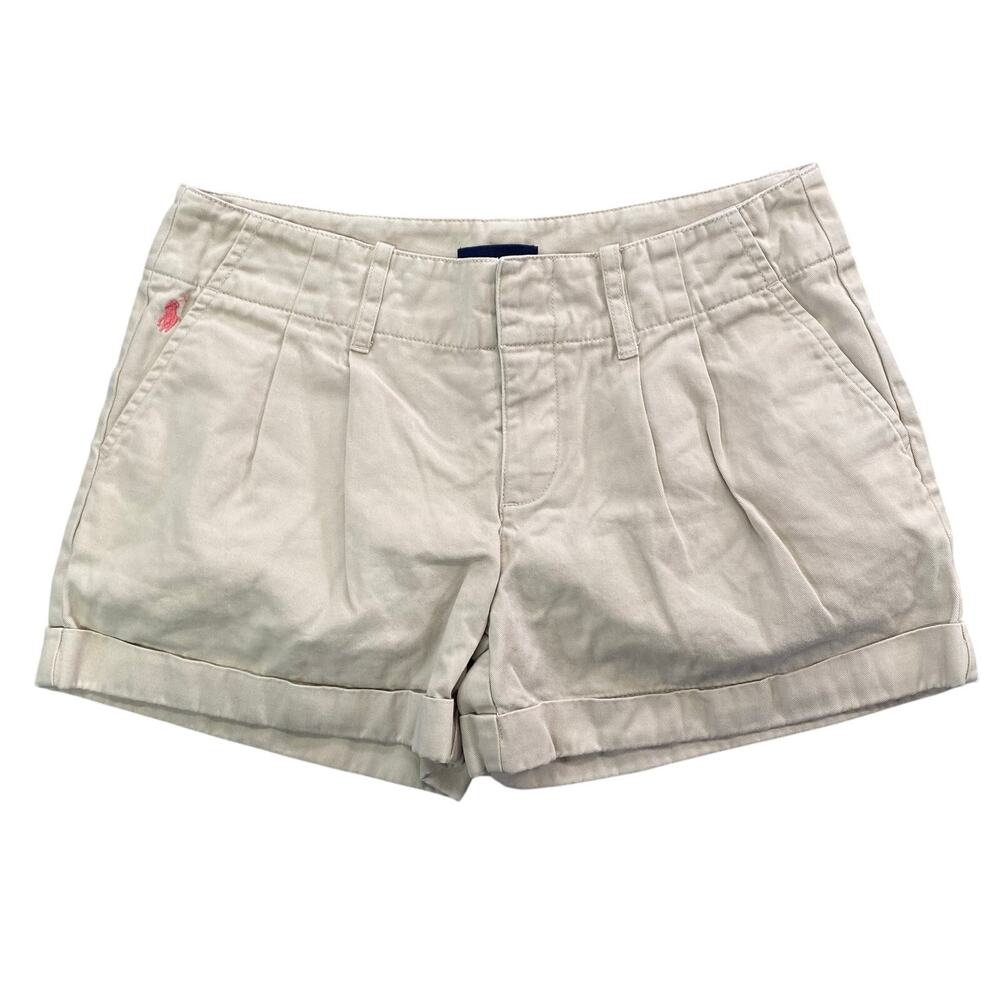 Vintage Polo Ralph Lauren Beige Pleated Pink Pony Mini Shorts Juniors Size 14
